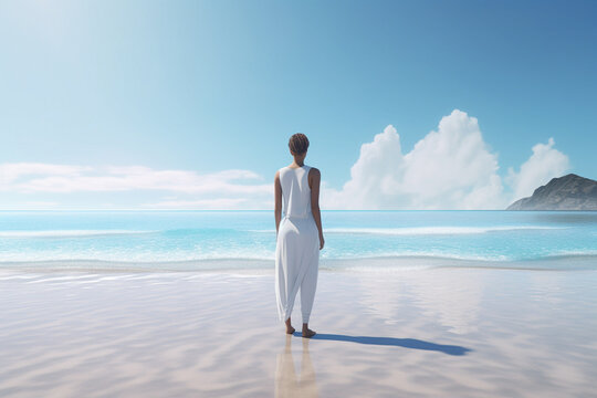 A photorealistic image of a person standing on a beach, looking out into a beautiful, tranquil ocean. They are wearing a white yoga outfit and have their eyes closed in a meditative pose.