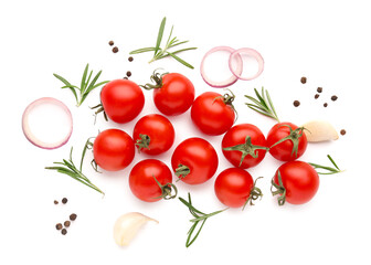 Composition with ripe cherry tomatoes and spices on white background