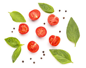Composition with ripe cherry tomatoes and spices on white background