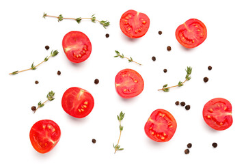 Composition with ripe cherry tomatoes and spices on white background