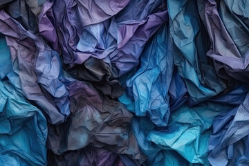 Abstract crumpled paper texture with shades of blue and purple, generative ai