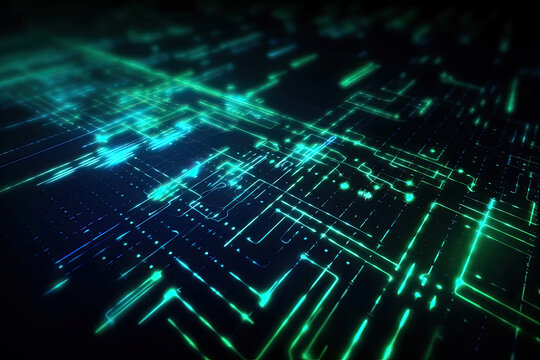 Abstract computer code background with glowing neon blue and green colors, generative ai