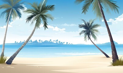  two palm trees on a beach with a city in the background and a blue sky in the foreground with clouds in the sky and a blue sky.  generative ai