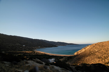 Panoramic view of the beautiful beach of Kalamos at sunset in Ios Greece