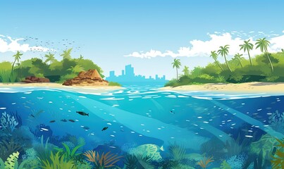  an underwater view of a tropical island with a coral reef and fish swimming in the water, with a city in the distance, and a blue sky with clouds.  generative ai