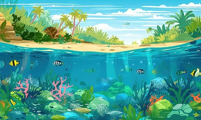  an underwater scene with corals and tropical plants on the bottom of the water and a sandy beach on the bottom of the water with fish.  generative ai