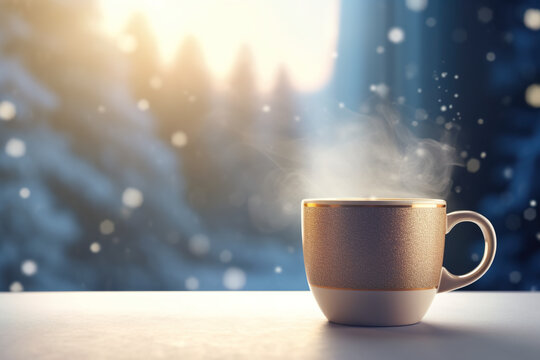 A coffee cup with steam rising out of it in winter. Generative AI. Copy space, place for text.