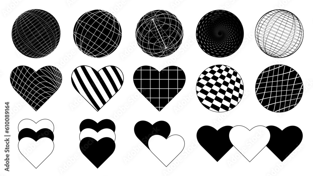 Aufkleber Set of abstract aesthetic y2k geometric elements and 3D wireframe shapes. Black and white retro line design elements. Vector illustration for social networks or posters. EPS 10