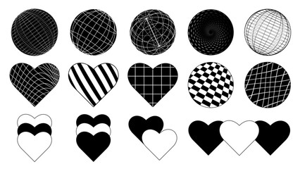 Set of abstract aesthetic y2k geometric elements and 3D wireframe shapes. Black and white retro line design elements. Vector illustration for social networks or posters. EPS 10