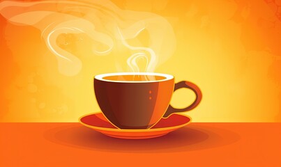  a cup of coffee with steam rising out of it on a saucer on an orange background with a swirly smoke trail behind it.  generative ai