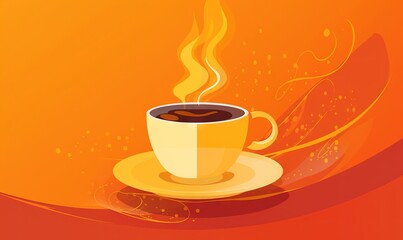  a cup of coffee with a saucer on a saucer on a saucer on a saucer on a saucer on an orange background.  generative ai