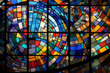 Abstract stained glass window design featuring a colorful mosaic of geometric shapes and patterns, generative ai