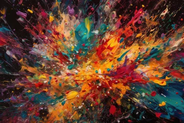 Fotobehang Mix van kleuren Abstract splattered paint design with bold and vibrant colors, reminiscent of a chaotic but beautiful explosion, generative ai