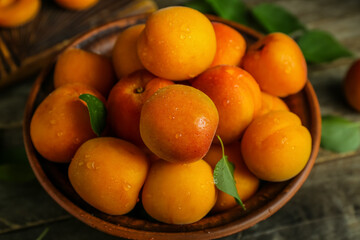 Bowl with fresh apricots on wooden table