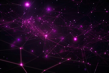 Abstract techno grid with purple neon lines and glowing particles on a black background, generative ai