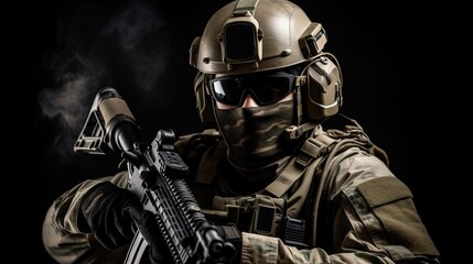 Fototapeta premium Modern soldier in war zone created with Generative AI technology.