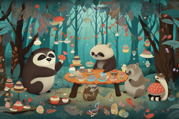 Adorable wallpaper design of whimsical animals such as sloths, pandas, and foxes having a tea party in a cozy and colorful forest clearing, generative ai