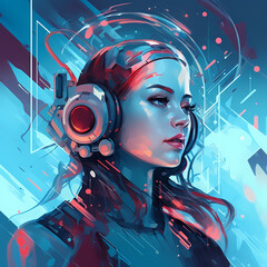 Futuristic Woman cyberpunk listening to music via her headphones created with generative AI