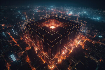 Aerial view of a massive futuristic grid structure towering over a city skyline at night, generative ai