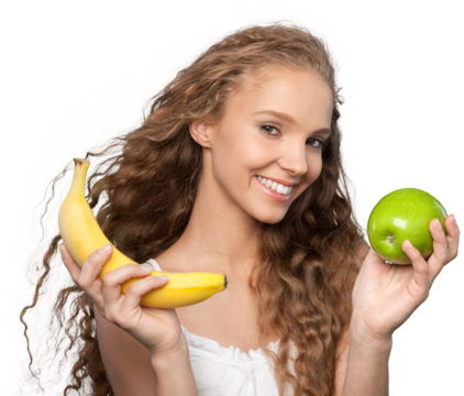 Beautiful young woman with green apple and banana, close-up