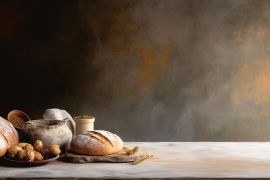 A table topped with bread and other food items. Generative AI. Copy space, place for text.