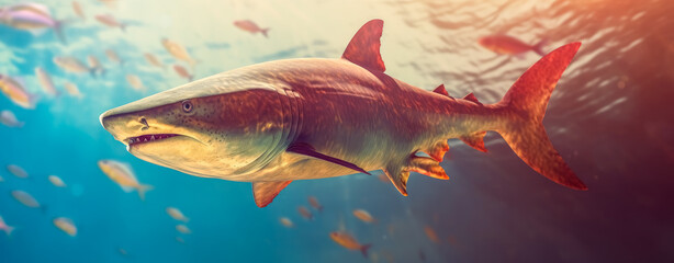 Naklejka premium Gold shark swimming with baby fish, orange and azure, aquamarine, varying perspectives. Generative Ai.