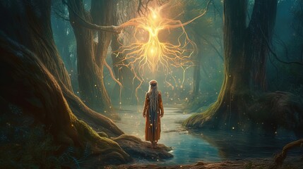 art illustration, woman elf sorcerer walking in fairy forest with magic power emerge around, Generative Ai