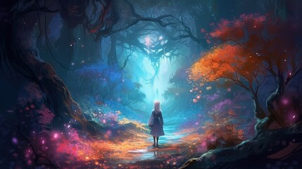art illustration, woman elf sorcerer walking in fairy forest with magic power emerge around, Generative Ai