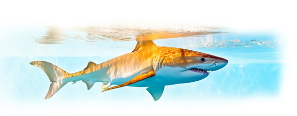 Gold shark swimming with baby fish,  orange and azure, aquamarine, varying perspectives. Generative Ai.