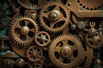 Antique gold gears interlocked with intricate clockwork against a rustic bronze background, generative ai - obrazy, fototapety, plakaty