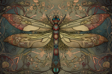 Art nouveau dragonfly design with watercolor-like textures and earthy colors, generative ai - obrazy, fototapety, plakaty