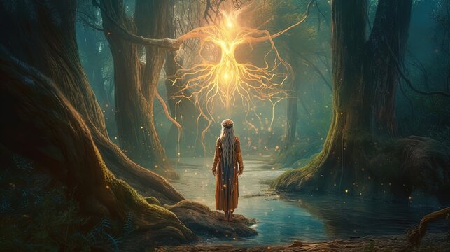 art illustration, woman elf sorcerer walking in fairy forest with magic power emerge around, Generative Ai