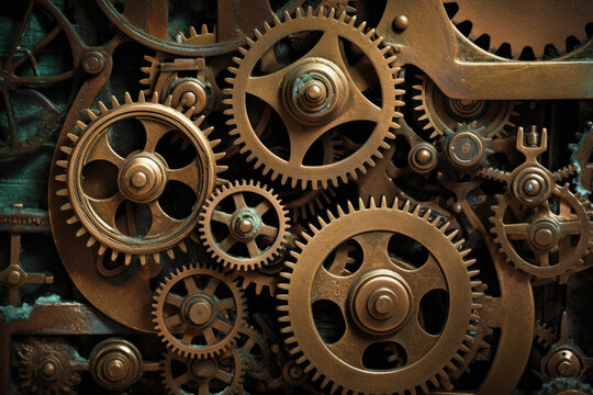 Antique gold gears interlocked with intricate clockwork against a rustic bronze background, generative ai