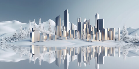 A city in the middle of a snowy landscape. Generative AI. Christmas, winter cosmetic product presentation.