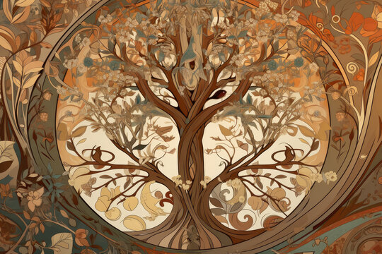 Art nouveau tree of life pattern with warm earth tones and flowing lines, generative ai