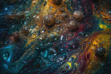 Obraz na płótnie Canvas Artistic interpretation of an oil spill in a river, with colorful and chaotic swirls of oil mixing with the natural flow of the water, generative ai
