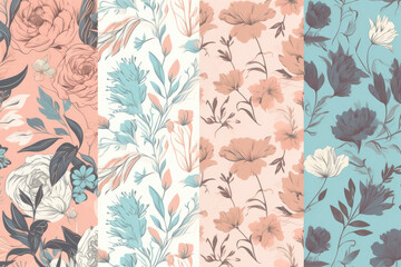 Beautiful Seamless Floral Patterns in Soft Pastel Colors, generative ai