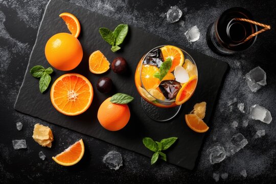 Italian summer cold drink: an aperitif with a fresh orange slice and a shaker, shot from above with space for writing on a dark slate backdrop. Generative AI