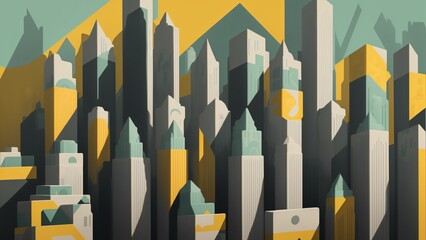 Painting of a city with a lot of buildings. Decorative Illustrations