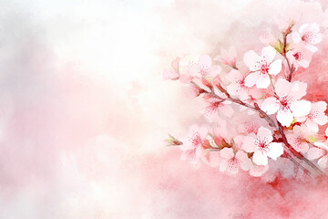 Naklejka na ściany i meble Cherry Blossoms Branch Japanese Pink Sakura Watercolor Painting Over Blurred Background. AI generative. Spring Flower Seasonal Nature Background with Copy Space.