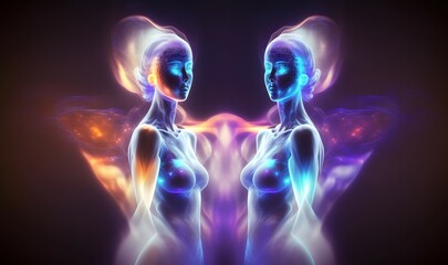 Fototapeta na wymiar twin flame hologram as soft ethereal dreamy background, professional color grading, copy space