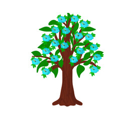 Tree, with leaves and blue flowers, color drawing on a transparent background