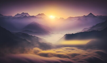 Fototapeta na wymiar View of the Himalayas during a foggy sunset night - Mt Everest visible through the fog with dramatic and beautiful lighting as soft ethereal dreamy background, professional color grading, copy space