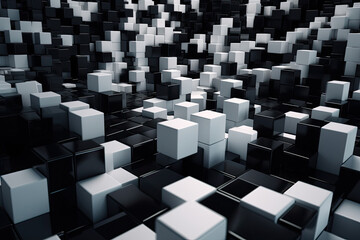 Bold 3D cubes in shades of black and white arranged in a dynamic and intricate pattern, generative ai