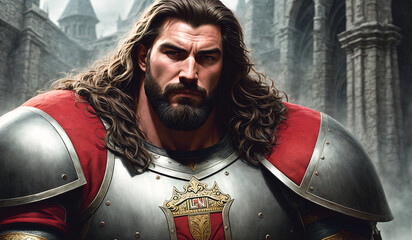 A sick and pumped-up brutal knight with a beard. Generative AI.