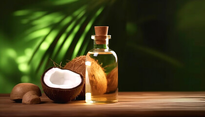Fototapeta na wymiar Organic coconut oil product in transparent bottle with coconut and green palm leaf background. Generative IA