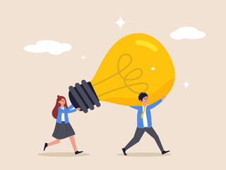 Business innovative solution concept. Innovation idea to drive team success, community or invention help company achieve goal, business people teamwork help carry big smart lightbulb innovation idea.