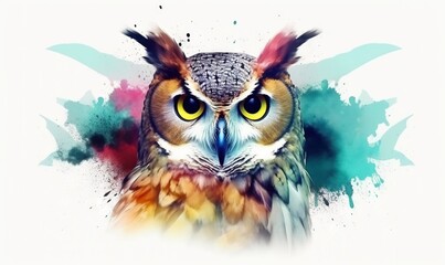 Obraz premium an owl with yellow eyes and feathers on a white background with a splash of paint on it's face and a splash of watercolor paint on its wings. generative ai
