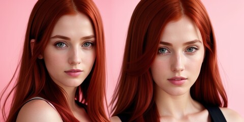 Fototapeta premium Beauty Fashion Model Woman with Colorful Dyed Hair. Two Girls with Perfect Makeup and Hairstyle. Model with Perfect Healthy red Hair. Care and Beauty Hair Products. Generative AI