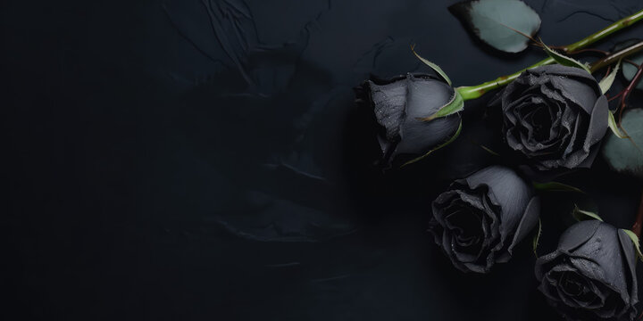 Top view of black roses lying on a black background surface. Copy space for text. Creative gothic luxury banner mockup. Bouquet of black roses. Generative AI professional photo imitation.